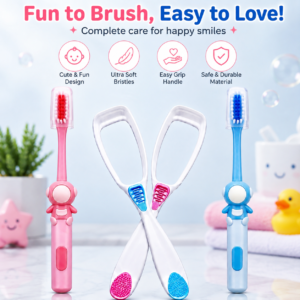 Starbuddy Kids Toothbrush & Tongue Cleaner Set, 2 Toothbrushes + 2 Tongue Cleaners, Ultra Soft Bristles, Small Head & Ergonomic Anti-Slip Grip, Cute Teddy Bear Design, 3+ Years